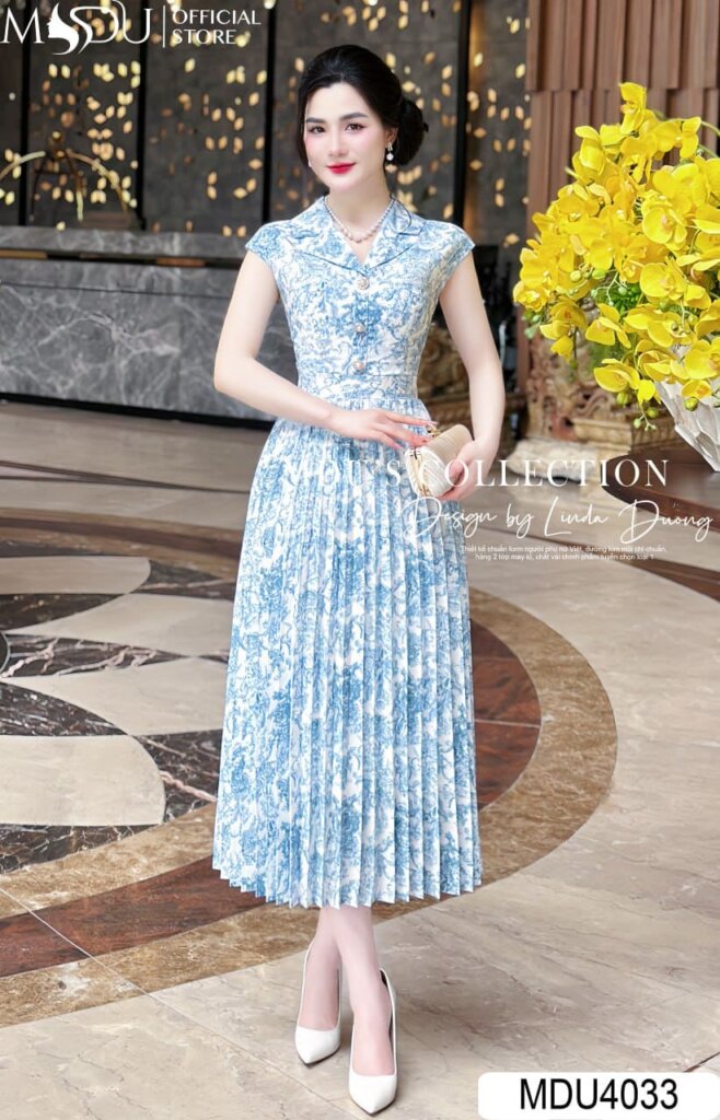 Váy Thiết Kế MDU4033 Nền Trắng Hoạ Tiết Xanh In 5D Cổ Sơ Mi Thanh Lịch Và Cuốn Hút 25 vay thiet ke MDU4033 Mdu Fashion