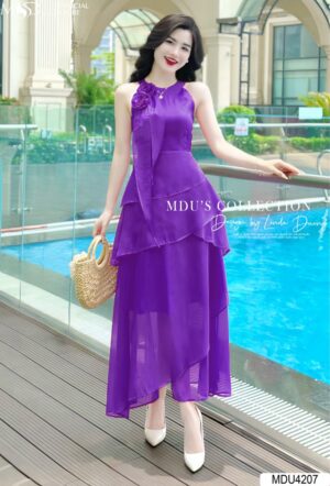 Váy Thiết Kế MDU4207 Cổ Tròn Đính Hoa Thêu Tay Khoét Gam Màu Tím Lôi Cuốn Và Bắt Mắt