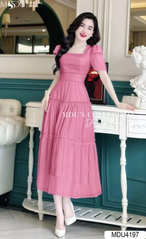 Váy Thiết Kế MDU4197 Nàng Công Chúa Màu Hồng Pastel Xoè Nhẹ Cổ Vuông Quyến Rũ