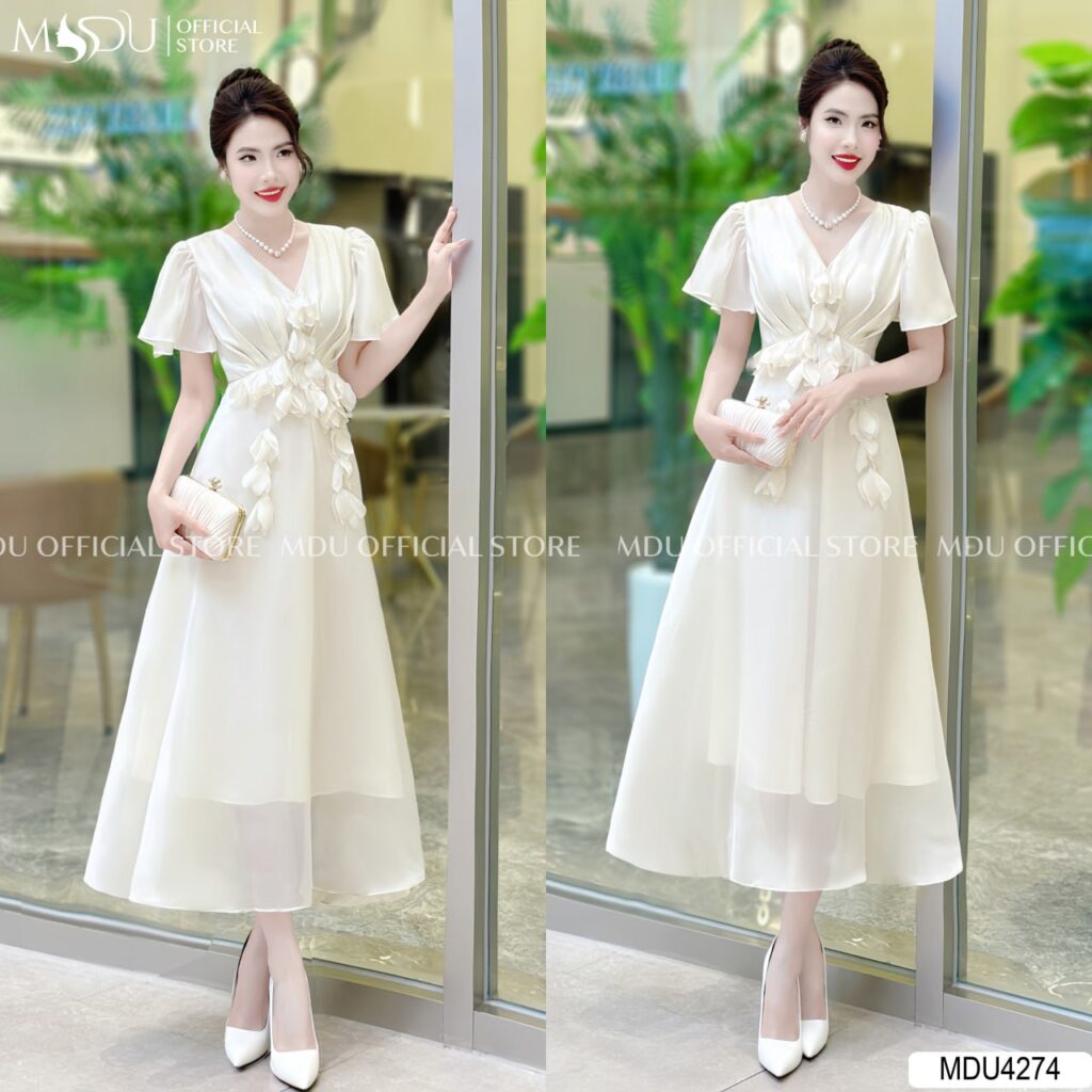 Top 10+ Mẫu Váy Trắng Thiết Kế Đẹp Và Sang Trọng Cho Phái Đẹp 13 Váy Trắng Cổ V – Sự Kết Hợp Giữa Thanh Lịch Và Quyến Rũ