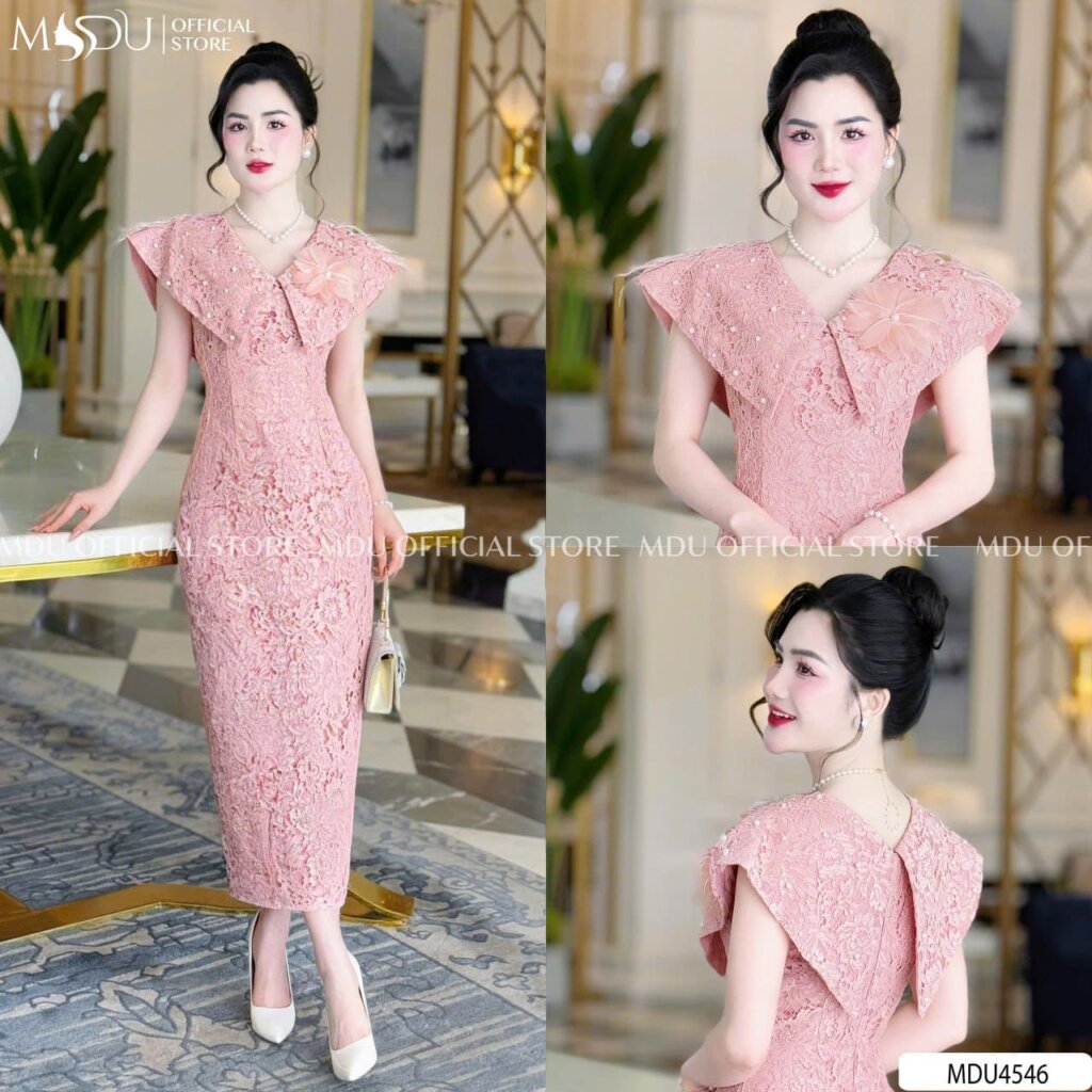 Váy Thiết Kế MDU4546 Màu Hồng Pastel Đính Hoa Ren Tinh Tế 24 Váy Thiết Kế MDU4546 – Vẻ Đẹp Cổ Điển Và Sang Trọng Đến Từng Chi Tiết