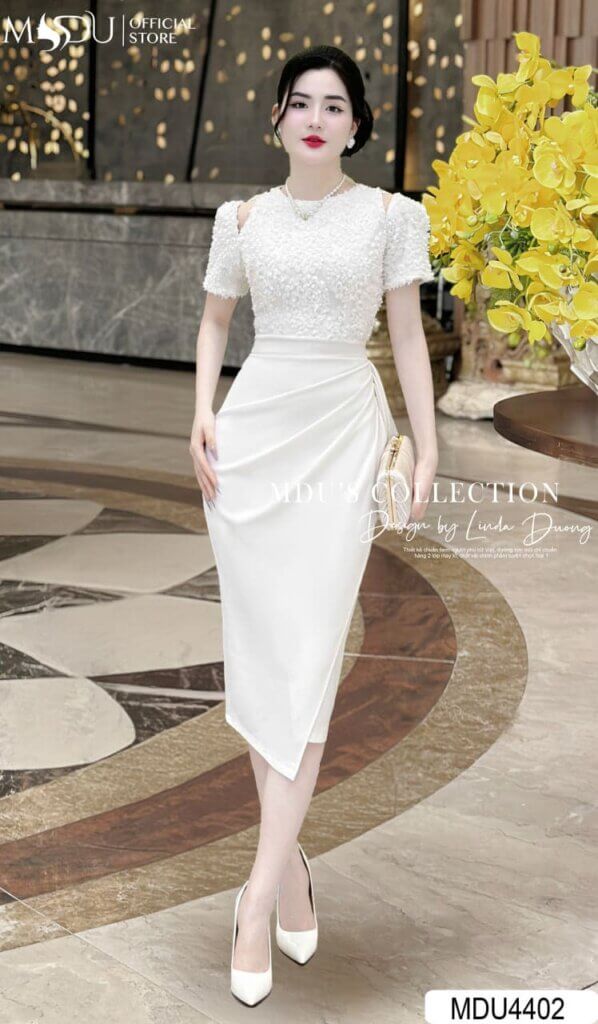 Váy Thiết Kế MDU4402 Sự Kết Hợp Hoàn Hảo Giữa Tông Trắng Tinh Khôi Và Thiết Kế Quyến Rũ