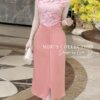 Váy Thiết Kế MDU4405 Tông Hồng Pastel Và Hồng Nhạt Trên Nền Ren Phối Mango Ý Hoạ Tiết Lá Trên Váy Bắt Mắt 11 vay thiet ke mdu4405 3 Mdu Fashion