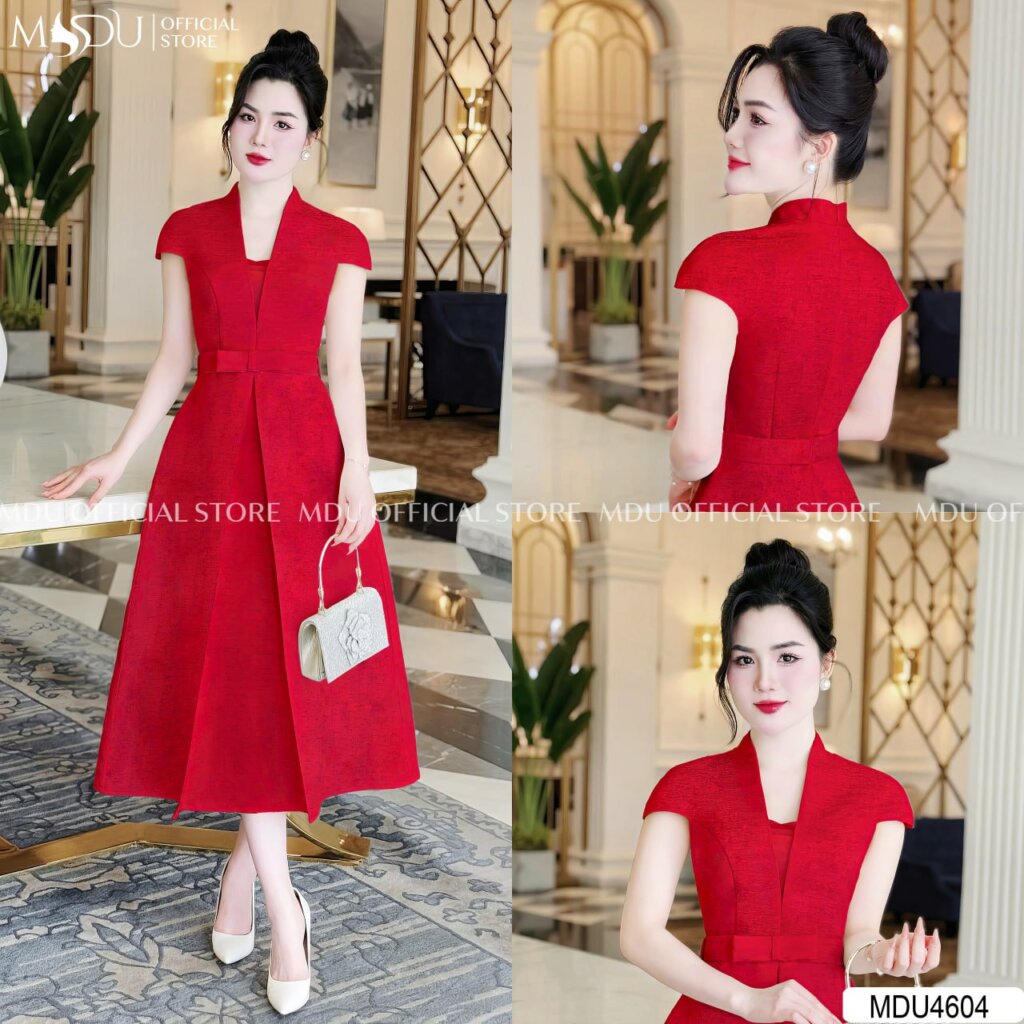 5 Mẫu Váy Đỏ Dự Tiệc MDU Fashion - Chất Lượng Cao Cấp 4 Váy đỏ dự tiệc cổ chữ V cách điệu