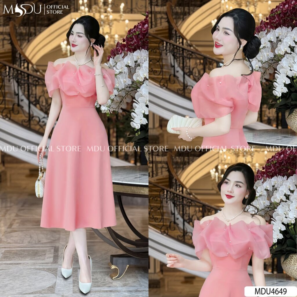 Top 10+ Mẫu Váy Dự Tiệc Cưới Cho Người Gầy Đẹp Nhất Hiện Nay 3 Váy dự tiệc cưới cho người gầy trễ vai tay bồng quyến rũ