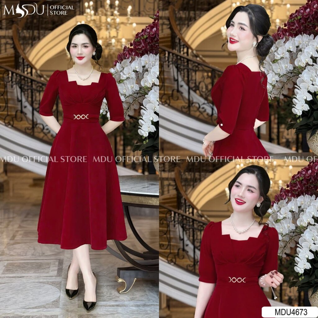 Mẫu Đầm Cổ Vuông Dáng Dài Thanh Lịch Cho Phụ Nữ Công Sở Từ MDU Fashion 3 Đầm cổ vuông màu đỏ sang chảnh