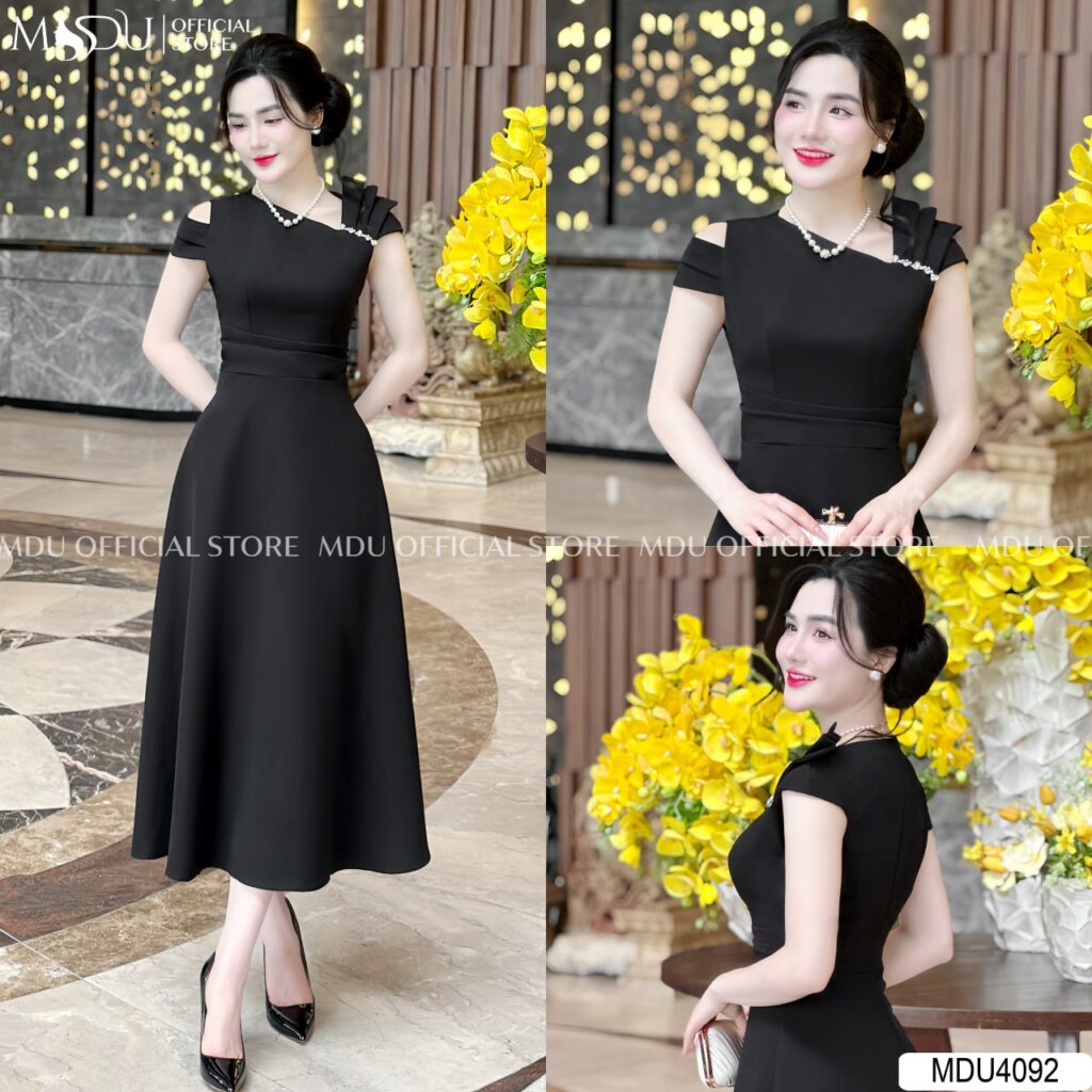 Những Mẫu Đầm Trung Niên Dự Tiệc Sang Trọng Quý Phái Và Thanh Lịch 5 Đầm trung niên dự tiệc đường xẻ cách điệu ở cổ váy