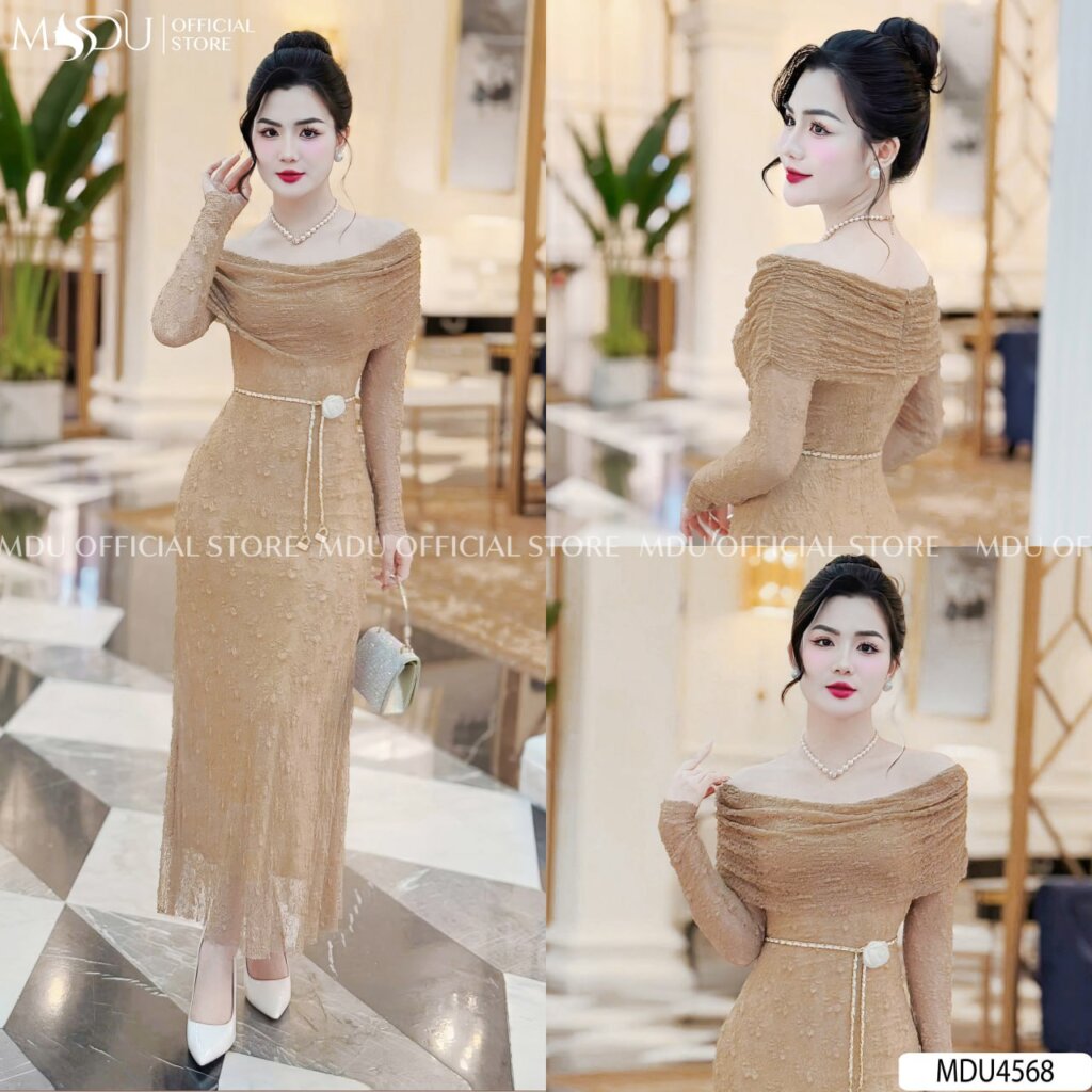 Top 6 Mẫu Váy Body Dài Qua Gối Từ MDU Fashion 4 Váy body dài qua gối trễ vai quyến rũ