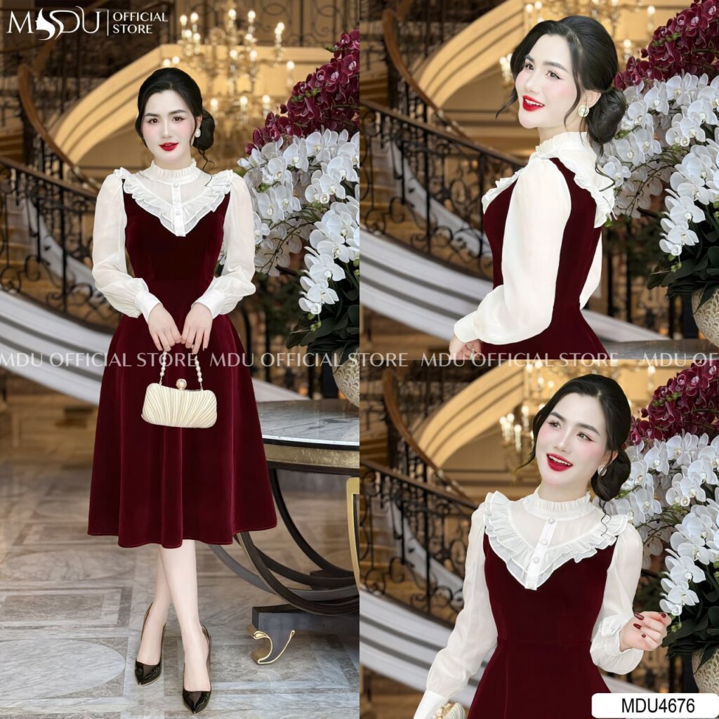 5 Mẫu Váy Dự Tiệc Mùa Đông Đẹp Sang Trọng Cho Phái Nữ 3 Váy dáng xòe nhẹ cổ nhún cách điệu