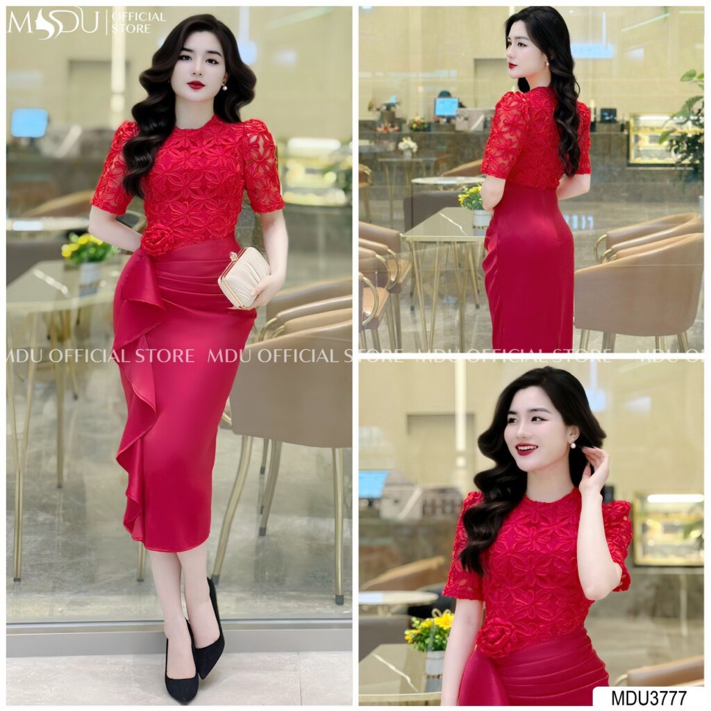 Top 10+ Mẫu Váy Công Chúa Màu Đỏ Sang Trọng Và Quyến Rũ Cho Mọi Sự Kiện 6 Váy công chúa đỏ với tay dài ren thêu tay