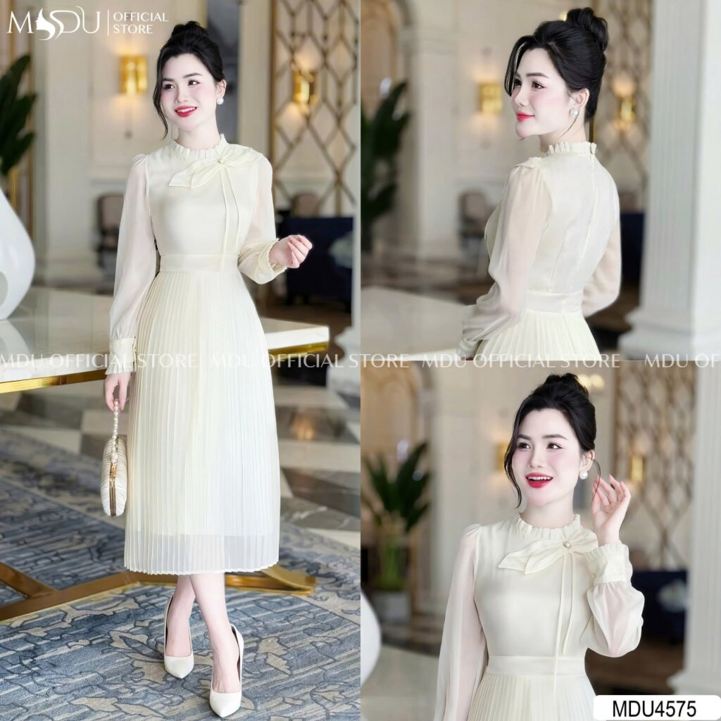 Top 10+ Tuyệt Phẩm Đầm Midi Dáng Dài Tinh Tế Từ MDU Fashion Dành Cho Phái Đẹp Hiện Đại 4 Đầm midi dáng dài màu trắng xếp li cách điệu