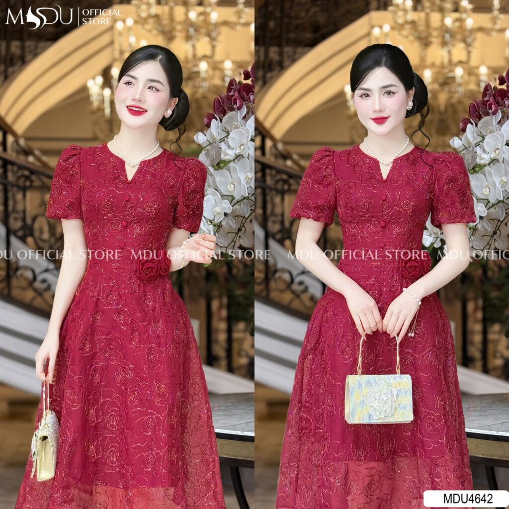 Top 10+ Tuyệt Phẩm Đầm Midi Dáng Dài Tinh Tế Từ MDU Fashion Dành Cho Phái Đẹp Hiện Đại 5 Đầm midi dáng dài tay bồng cùng cổ thiết kế cách điệu
