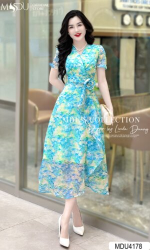 Váy Thiết Kế MDU4178 – Màu Xanh Bắt Mắt Phối Tay Bồng Cách Điệu