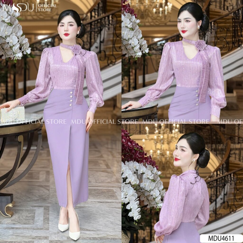10+ Mẫu Đầm Body Dáng Dài Giúp Nàng Công Sở Tỏa Sáng Mọi Lúc Mọi Nơi 7 Đầm body dáng dài màu tím bắt mắt
