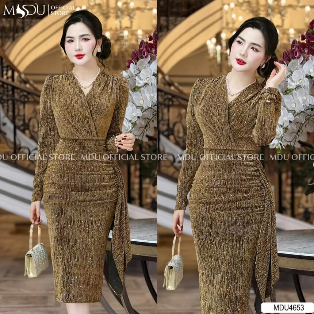 Top 6 Mẫu Váy Body Dài Qua Gối Từ MDU Fashion 2 Váy body dài qua gối cổ chữ V cách điệu