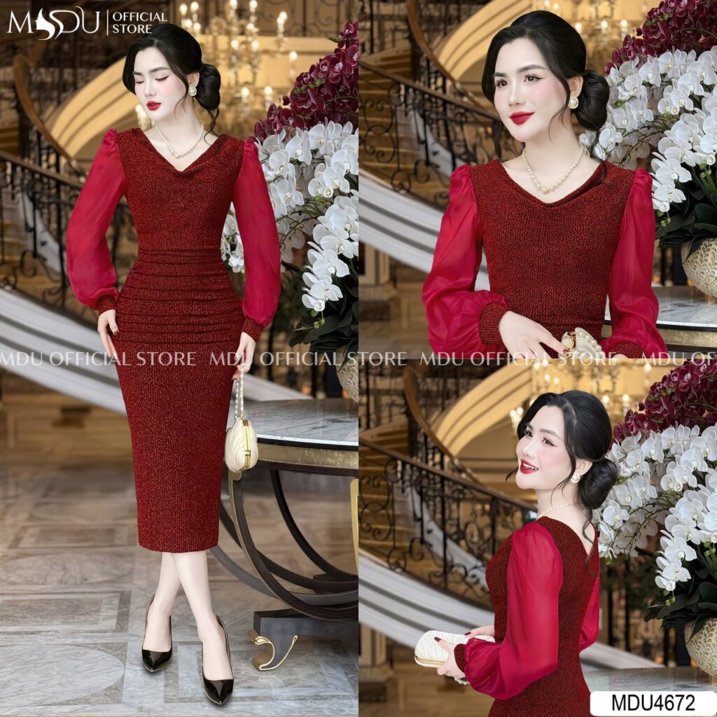 Top 10+ Mẫu Váy Đầm Body Dự Tiệc Sang Trọng Cuốn Hút Từ MDU Fashion 4 Váy đầm body dự tiệc cổ chữ V cách điệu
