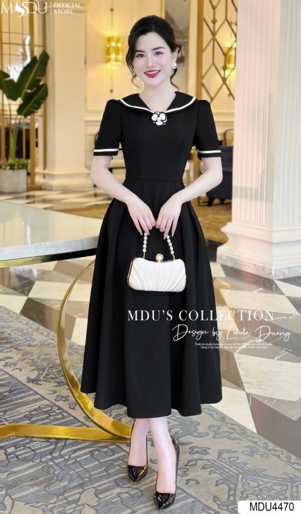 Top 6 Mẫu Váy Đen Dự Tiệc Sang Trọng Nhất 2024 Từ Thương Hiệu MDU Fashion 6 Váy Đen Cổ Sơ Mi Phối Viền Trắng