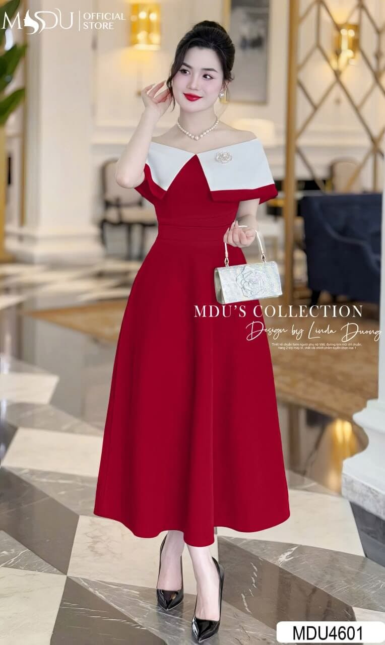 9 Đầm Dự Tiệc Màu Đỏ Sang Trọng Giúp Bạn Nổi Bật Mọi Sự Kiện 6 Các Kiểu Dáng Đầm Dự Tiệc Màu Đỏ Phù Hợp Mọi Vóc Dáng - Đầm Trễ Vai