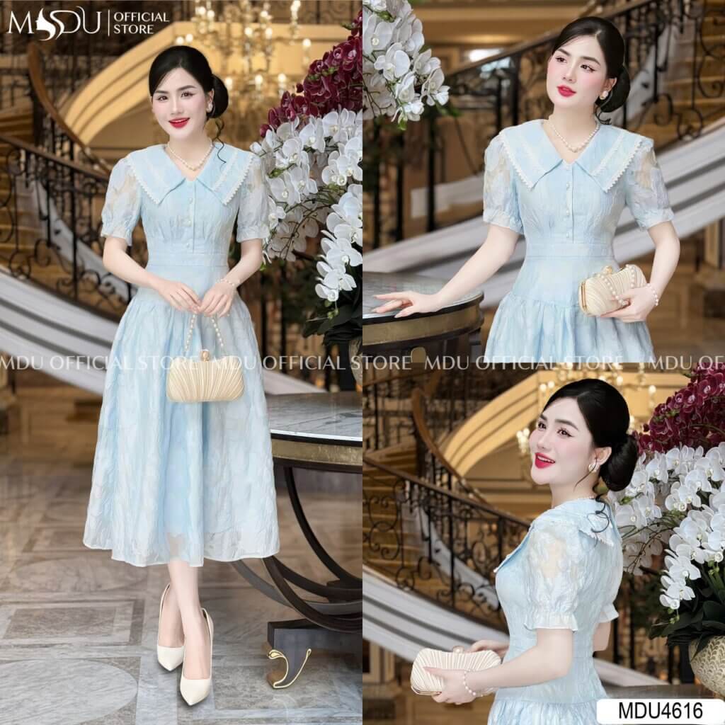 Những Mẫu Váy Công Chúa Màu Xanh Nổi Bật Từ MDU 2 Váy công chúa màu xanh cổ sơ mi phối cúc ngọc nhẹ