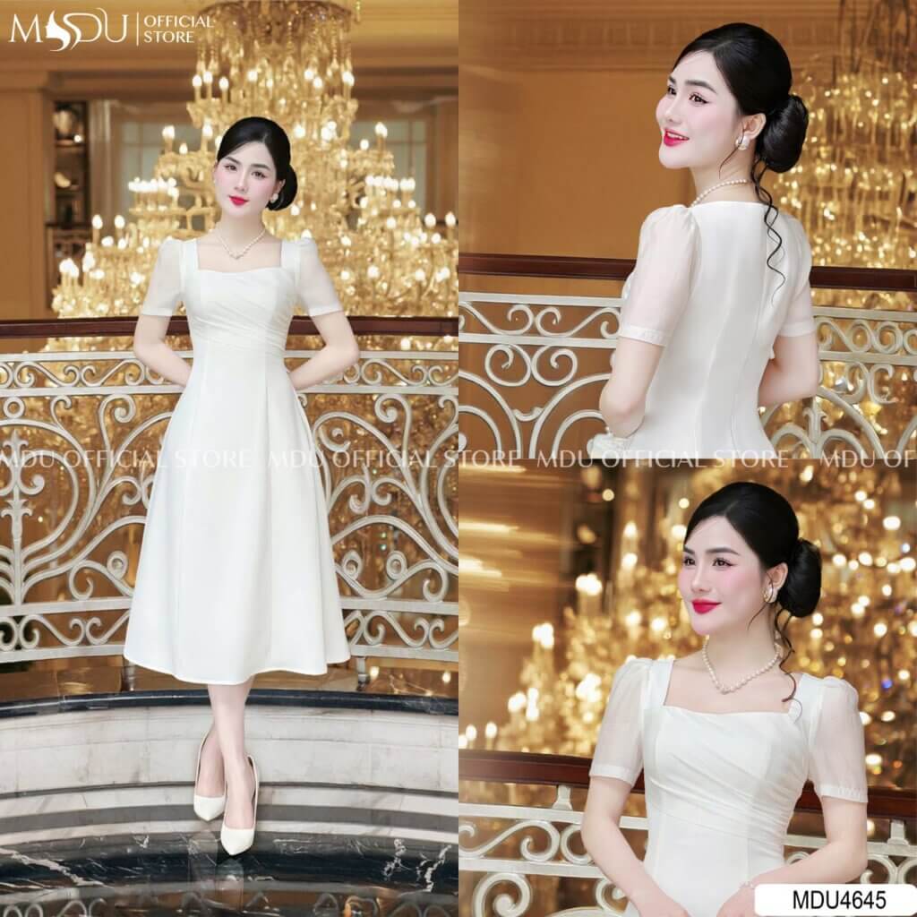 Mẫu Đầm Cổ Vuông Dáng Dài Thanh Lịch Cho Phụ Nữ Công Sở Từ MDU Fashion 2 Đầm cổ vuông cùng màu trăng trang nhã