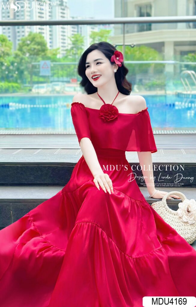 Váy Thiết Kế MDU4759 Tơ Óng Ngọc Trai Trễ Vai Xếp Ly Bay Bổng 4 Váy đi biển - váy maxi
