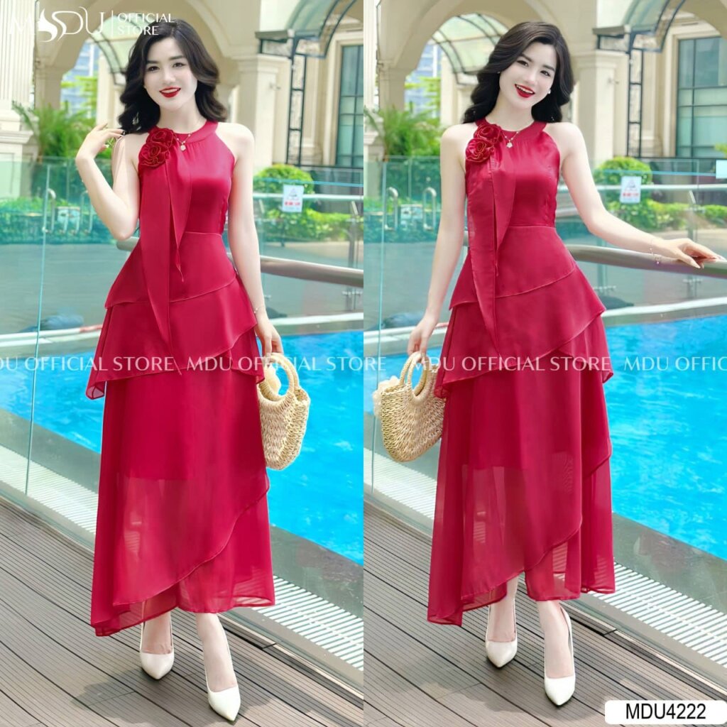 Váy Thiết Kế MDU4928 Tơ Xước In Hoa Dáng Dài Cổ Vuông Hoa Đính Nổi Thanh Thoát 7 Váy Thiết Kế MDU4222 Màu Đỏ Dáng Váy Dài