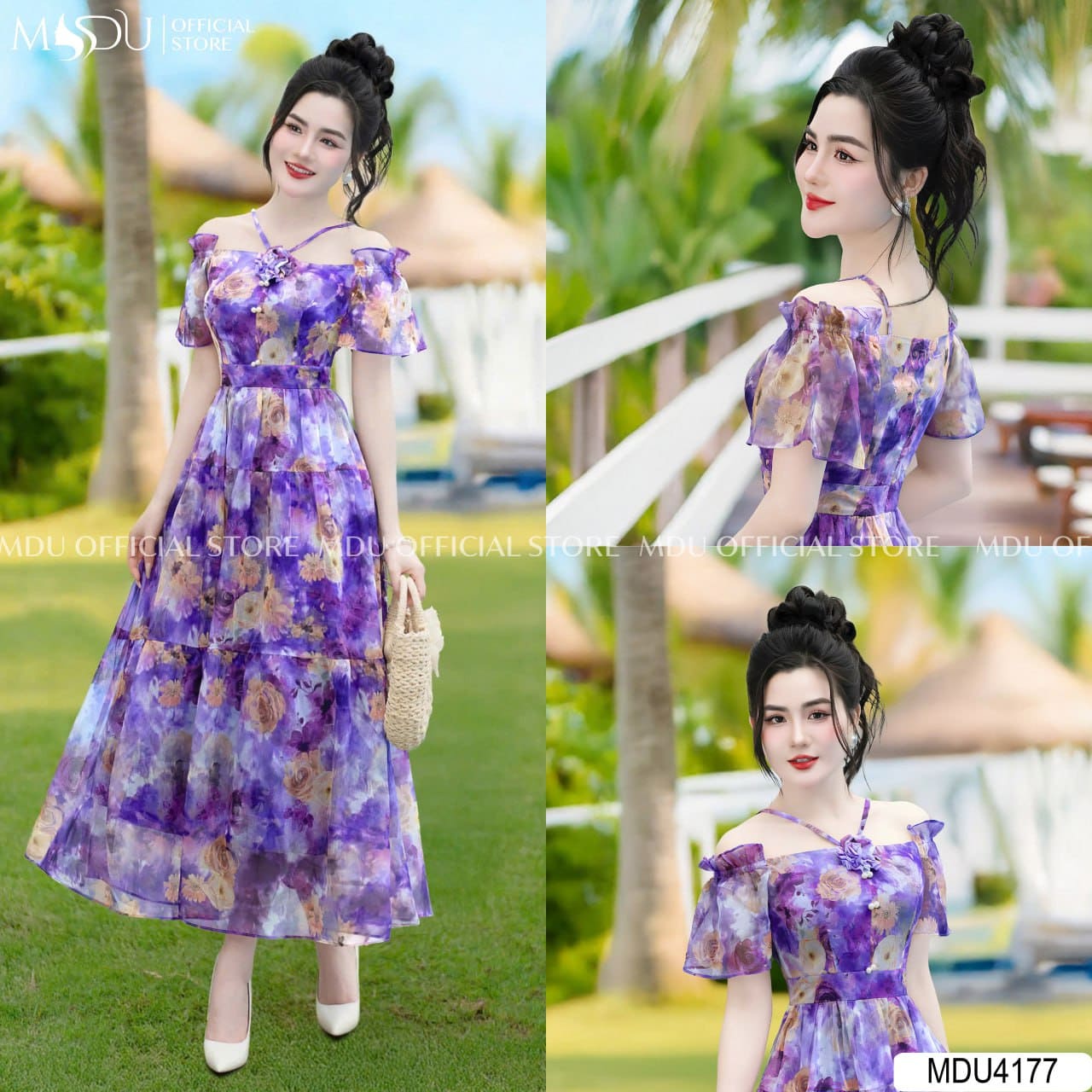 Xu Hướng Thời Trang Đi Biển Tuổi 40 Đẹp Hiện Đại Và Tự Tin 3 Thời trang đi biển tuổi 40 - Màu tím phối họa tiết