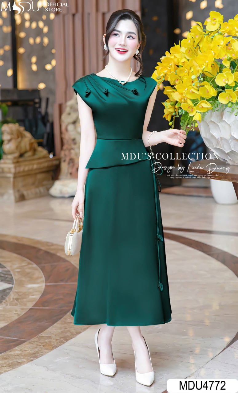 Váy Thiết Kế MDU4772 Lụa Twist Satin Peplum Xanh Ngọc Thanh Lịch 23 Váy Thiết Kế MDU4772 – Lụa Twist Satin Cao Cấp