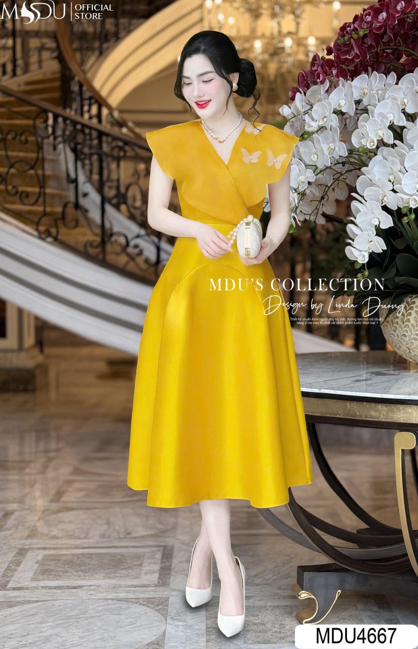 Váy Thiết Kế MDU4667 Váy Tafta Vàng Tay Cánh Tiên Cổ V Thanh Lịch 23 Váy Thiết Kế MDU4667 – Rực Rỡ Và Thanh Thoát Cùng MDU Fashion