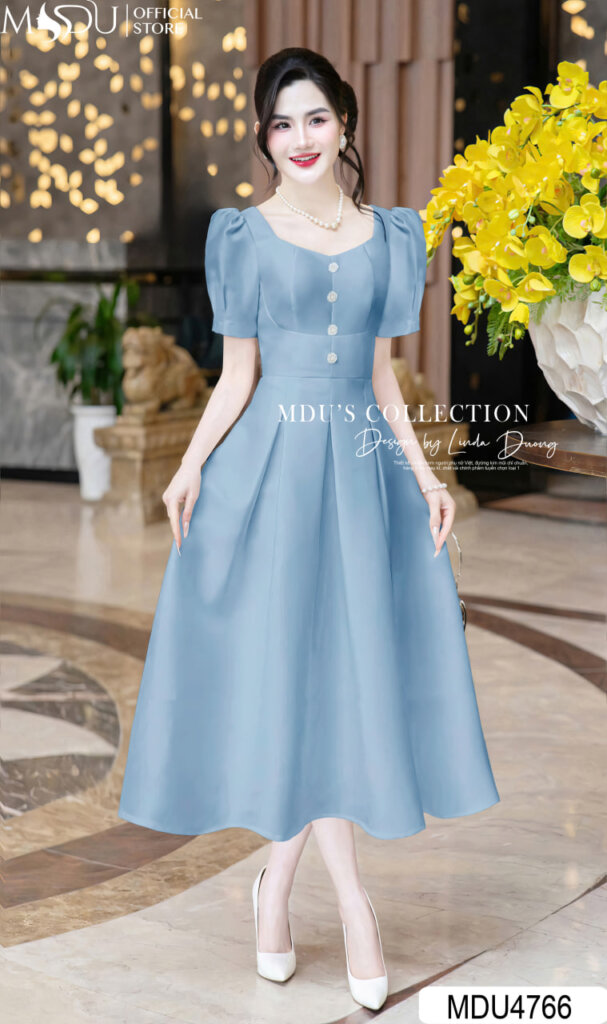 Váy Thiết Kế MDU4766 Váy Tafta Xanh Đính Cúc Ngọc Sang Trọng 23 Váy Thiết Kế MDU4766 – Sang Trọng Và Quý Phái Cùng MDU Fashion
