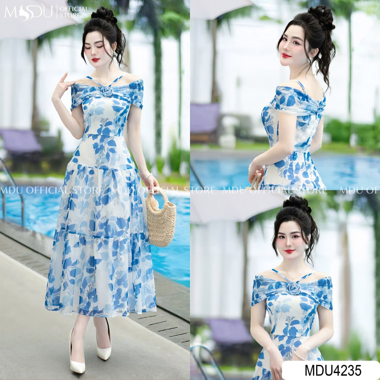 10 Mẫu Váy Đi Biển Màu Xanh Dương Đẹp Nhất Cho Chị Em Đi Du Lịch Biển 7 Các kiểu dáng váy đi biển màu xanh hot nhất hiện nay - Váy trễ vai xanh biển