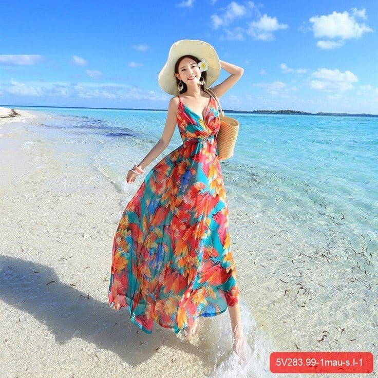 Học Ngay Cách Chọn Váy Maxi Đi Biển Cho Người Béo Để Che Bụng, Tôn Dáng 6 Các Kiểu Dáng Váy Maxi Đi Biển Cho Người Béo - Váy Maxi Cổ V