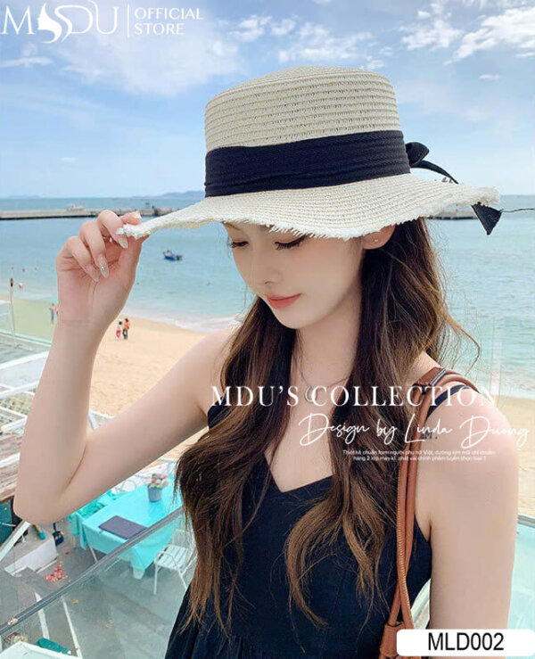 MLD002 – Mũ Cói Nữ Rộng Vành Thắt Nơ Đen Vintage