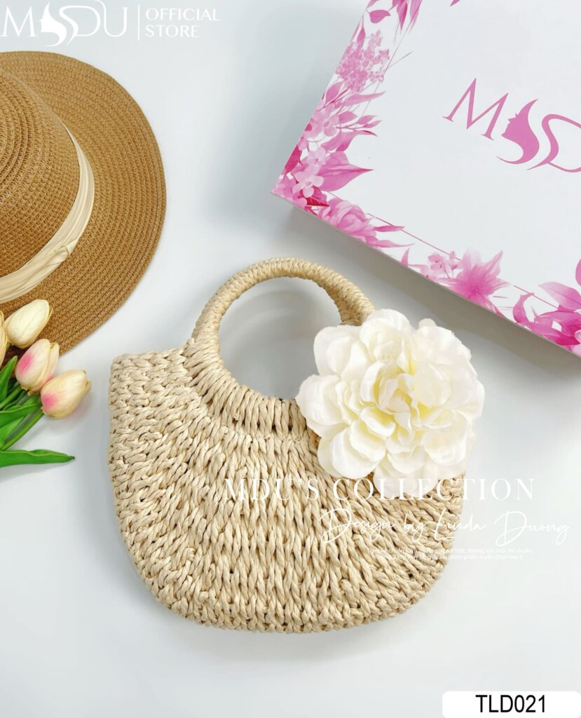TLD021 – Túi Cói Hoa Trắng Vintage Dịu Dàng Và Thanh Lịch 19 TLD021 – Phụ Kiện Cói Mộc Mạc Với Hoa Trắng Đính Kết Nghệ Thuật