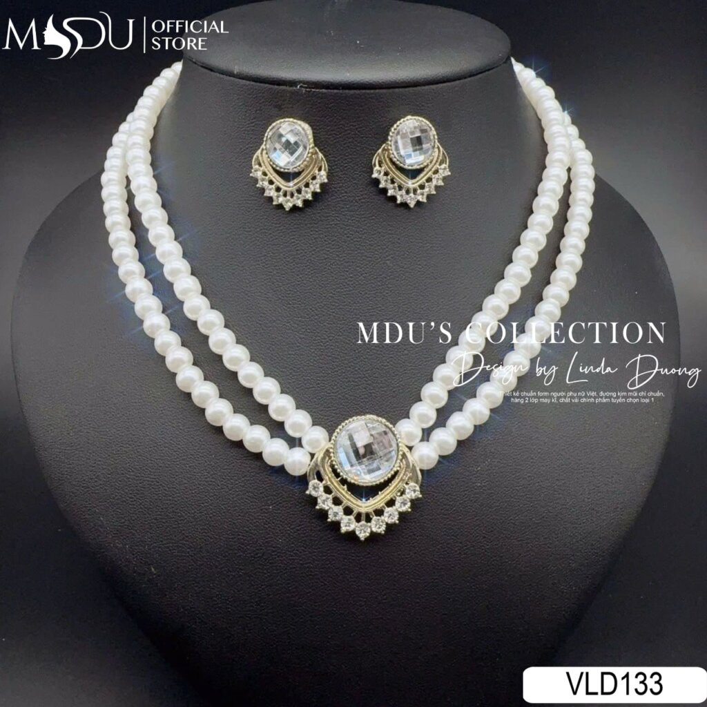 VLD133 – Bộ Trang Sức Ngọc Trai Kép Phối Đá Cắt Giác Lấp Lánh 19 Phụ Kiện Nữ Tính & Sang Trọng VLD133 Cho Quý Cô Thanh Lịch