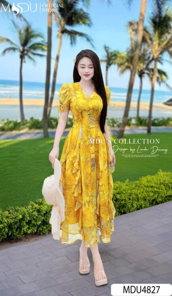 Váy Thiết Kế MDU4827 Tơ Xước Vàng Tay Thắt Nơ Vạt Bèo Dịu Dàng 25 vay thiet ke MDU4827 Mdu Fashion