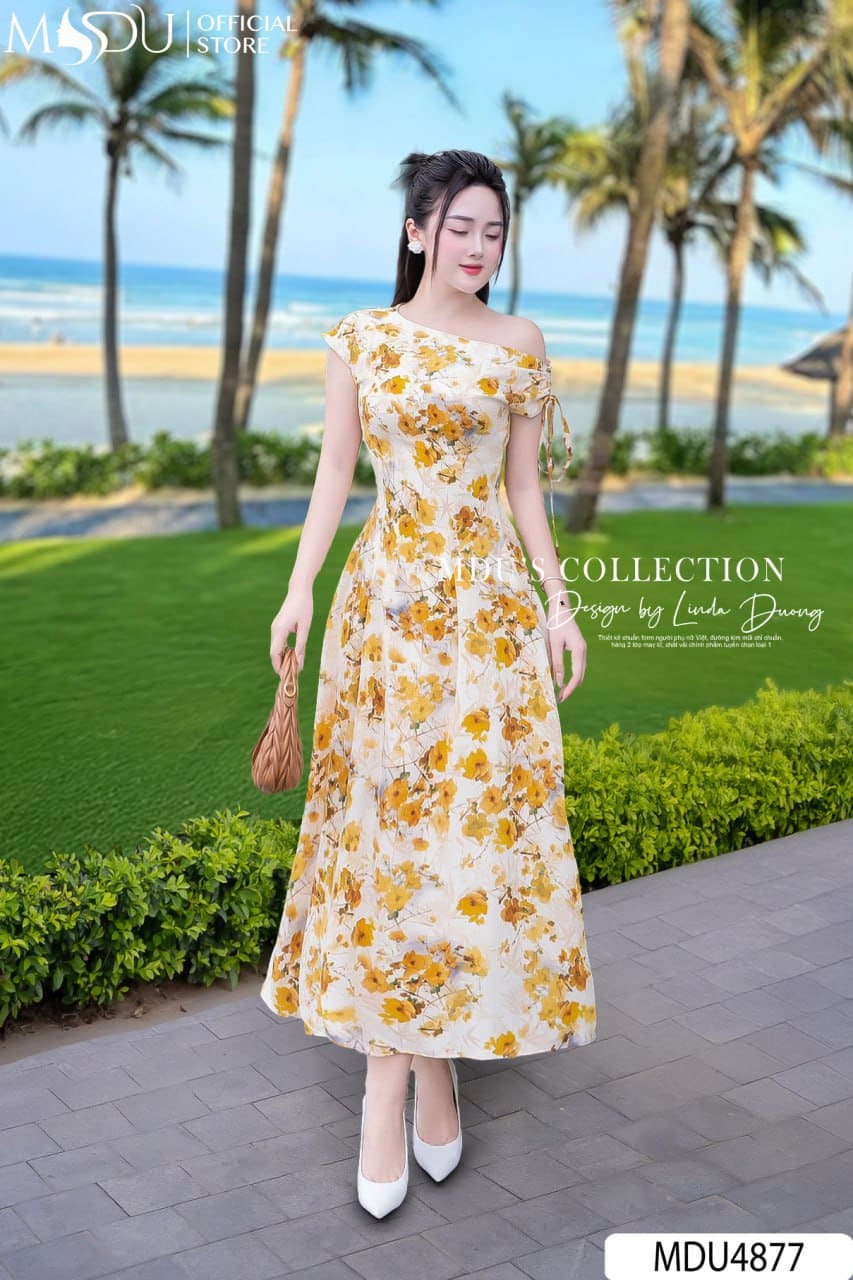 Váy Thiết Kế MDU4877 Hoa Vàng Cổ Lệch Vai Xòe Sang Trọng 23 Váy Thiết Kế MDU4877 – Hoa Vàng Rực Rỡ Cổ Lệch Vai Xòe Tinh Tế