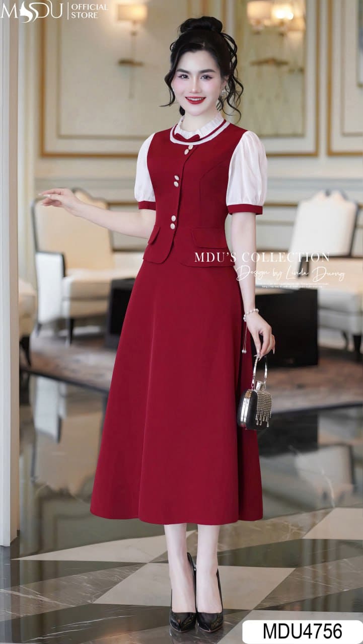 Set Váy Thiết Kế MDU4756 Mango Ý Đỏ Đô Áo Vest Cách Điệu Khuy Ngọc Váy Dài Xòe Bay Bổng 23 Set Thiết Kế MDU4756 Mango Ý Đỏ Đô Áo Vest Cách Điệu Khuy Ngọc & Váy Dài Xòe Bay Bổng