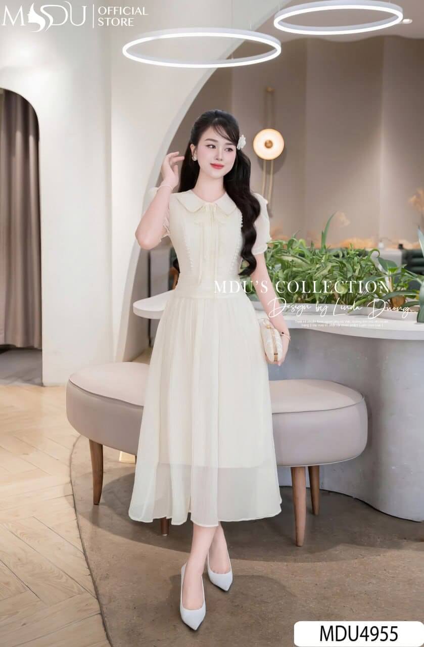 Váy Thiết Kế MDU4955 Tơ Nhăn Cổ Sơ Mi Thắt Nơ Tay Bồng Bo Chun 23 Váy Thiết Kế MDU4955 Tơ Nhăn Cao Cấp Dáng Xòe Nhẹ Cổ Sơ Mi Thắt Nơ Tay Bồng Bo Chun