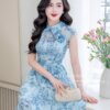 Váy Thiết Kế MDU4969 Sắc Xanh Cổ Sơ Mi Hoa Đính Eo Chiết Cao 9 vay thiet ke MDU4969 2 Mdu Fashion