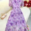 Váy Thiết Kế MDU4976 Tơ Xước Hoa Tím Dáng Xòe Cổ Trụ Tay Phồng Buộc Nơ Ngực 12 vay thiet ke MDU4976 4 Mdu Fashion
