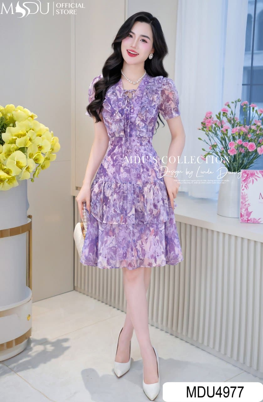 Váy Thiết Kế MDU4977 Tơ Xước Hoa Loang Tím Dáng Xòe Tầng Bèo Nhún Cổ Dây Rút 23 Váy Thiết Kế MDU4977 Tơ Xước Hoa Loang Tím Dáng Xòe Tầng Bèo Nhún Cổ Dây Rút