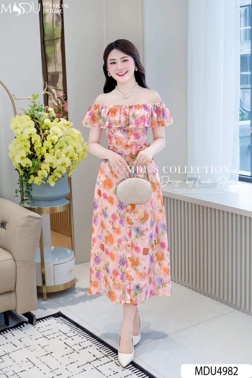 Váy Thiết Kế MDU4982 Tằm Ép Vân Hoa Cao Cấp Họa Tiết Hồng Đa Sắc Tay Bồng Biến Tấu 23 Váy Thiết Kế MDU4982 Tằm Ép Vân Hoa Cao Cấp Họa Tiết Hồng Đa Sắc Tay Bồng Biến Tấu Cổ Điển Và Nữ Tính