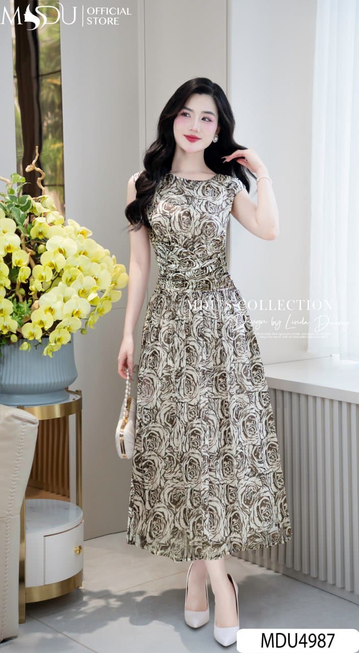 Váy Thiết Kế MDU4987 Tơ Xước Đính Đá Hoa Hồng Nâu Cổ Kín Dáng Xòe Midi Sang Trọng 23 Váy thiết kế MDU4987