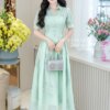 Váy Thiết kế MDU4999 Tơ Hoa Thêu Nổi –Cổ Sơ Mi Xòe Ly Thanh Lịch
