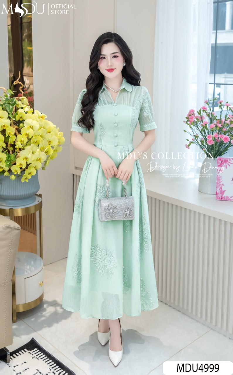 Váy Thiết Kế MDU4999 Tơ Hoa Thêu Nổi Sang Trọng Dáng Xòe Ly Thướt Tha 23 Váy Thiết kế MDU4999 Tơ Hoa Thêu Nổi –Cổ Sơ Mi Xòe Ly Thanh Lịch