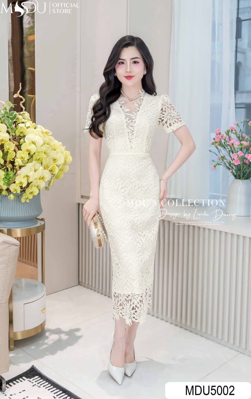 Váy Thiết Kế MDU5002 Ren Thêu Cao Cấp Cổ V Cách Điệu Tay Xuyên Thấu Dáng Ôm Tinh Tế 23 Váy thiết kế MDU5002