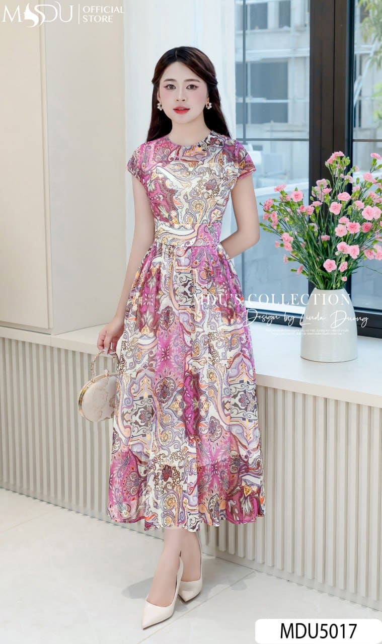 Váy Thiết Kế MDU5017 Tơ Xước Paisley Hồng Tím Kem Dáng Dài Xòe Nhẹ Bay Bổng Duyên Dáng 23 Váy thiết kế MDU5017