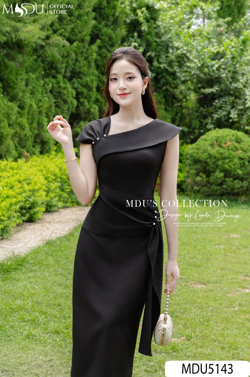 Váy Thiết Kế MDU4874 Trễ Vai Gợi Cảm Màu Kem Trang Nhã 1 Váy Dự Tiệc Lệch Vai