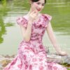 Váy Thiết Kế MDU5083 Hồng Phấn Dáng A Dài Họa Tiết Hoa Đỏ Mận Cổ Tim Bèo Vai Nhún 10 vay thiet ke MDU5083 2 Mdu Fashion